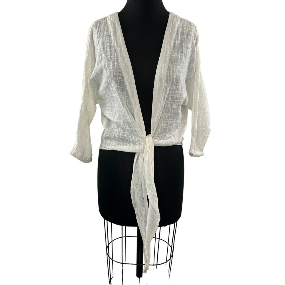 Gillia White Cropped Blouse Top Cotton Tie Front Ribbed V-Neck Size X-Small XS